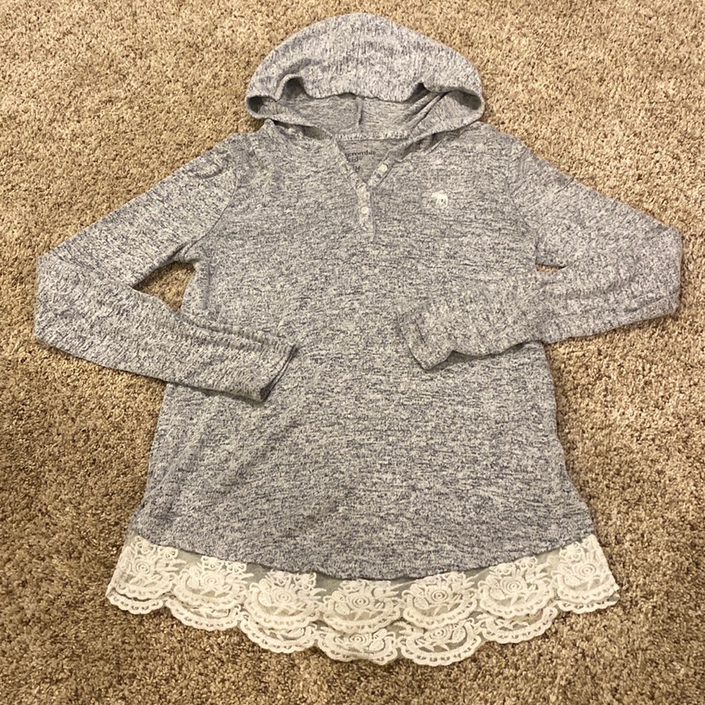 gray lace bottom hooded button up sweater